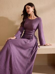 Graceveil Round Neck Solid Color Criss-Cross Tie Long Dress