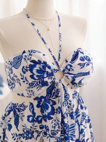 Dreamara Plus Size Women Sleeveless Halter Waist Floral Print Maxi Dress, Beach Vacation, Spring & Autumn - Blue and White - View 6