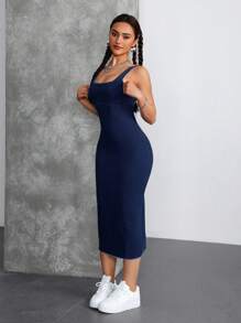 SHEIN Tall Square Neck Open Shoulder Fitted Bodycon Midi Denim Dress For Party & Vacation - Dark Wash - View 5