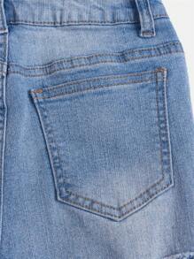 SHEIN Girlism Teen Girl Solid Color Distressed Hem Pocket Design Casual Denim Shorts - Light Wash - View 5