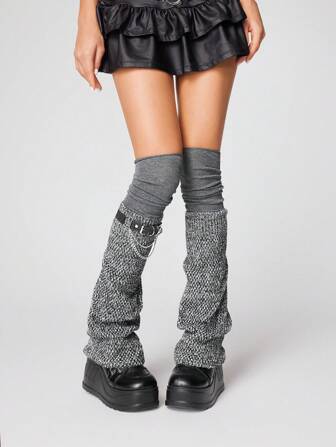 Grunge Punk 1 Set Minimalist Style: 1 Pair Grey Leg Warmers, 1 Pair Solid Over-The-Knee Socks, 1 Chain Leg Garter, Cute Personalized Daily Outfit Accessories