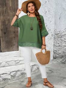 EMERY ROSE Plus Size Women's Solid Color Casual Tunic Blouse, Simple And Fashionable, Summer Holiday, Vacation Women, Simple And Fashionable For Everyday Wear, Gifts For Mother, Vacay Vibes, Spring-Break, Casual Wear , Bohemia - Army Green - View 4