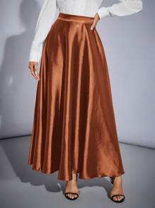 SHEIN Tall 高腰纯色喇叭派对女式超大下摆半身裙 - 鏽棕色 - 查看 6