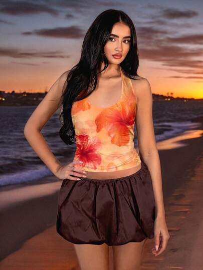 SHEIN BAE Women's Colorful Printed Halter Tank Top/Beach Cover Up/Adorable Crop Top, Summer/Graphic Tees Women/Asymmetrical Top/Crop Tops/Festival/Cute Tops/Going Out Tops/Graphics Woman T Shirts