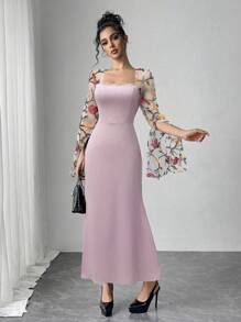 Modelyn Women's Floral Embroidered Mesh Splicing Slit Sleeve Elegant Dress - Pink - View 4