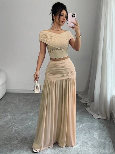 Elenzga Women 2 Pieces Solid Color Top And Skirt Set, Fashion For Summer