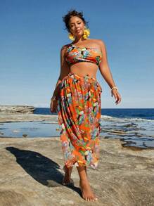 Travachic Conjunto de 3 piezas de bikini de talla grande con estampado tropical de loros y plantas, con cuello de halter para la playa