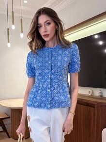 Pariaura Women's Fashion Short Sleeve Fitted Shirt, Elegant Embroidered Pattern, Spring/Summer - Blue - View 4