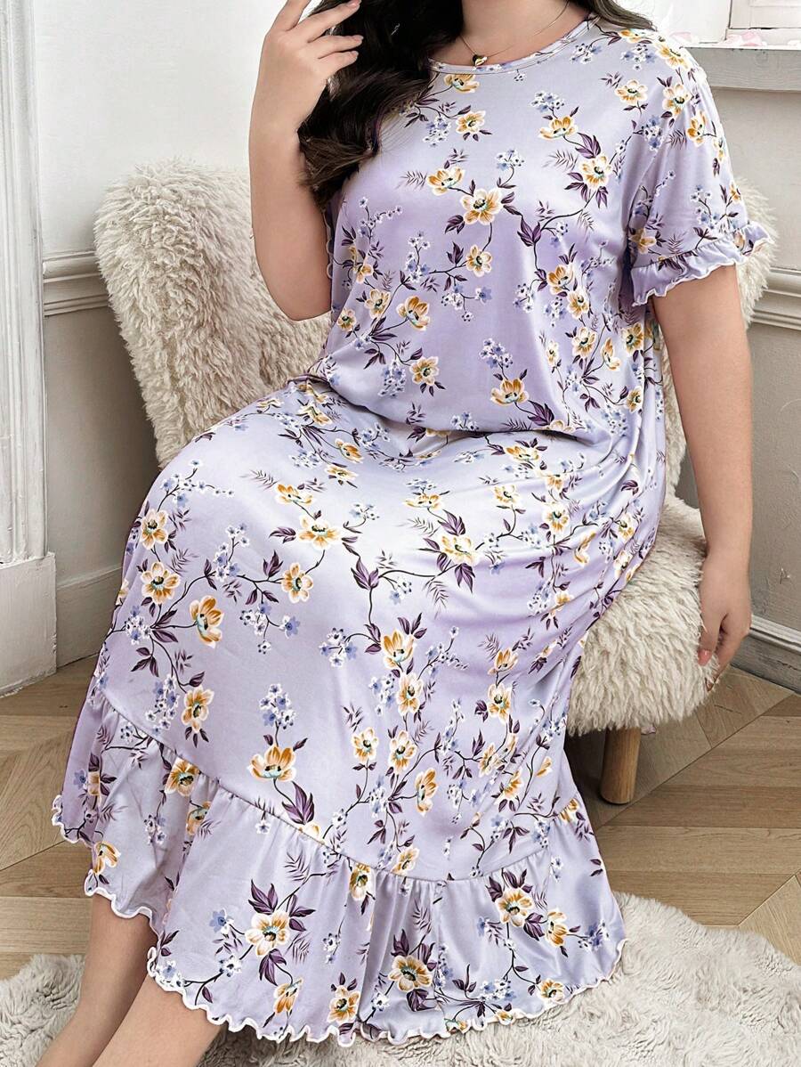 Plus Size Women Floral Print Round Neck Short Sleeve Ruffle Hem Long Sleep Dress Perfect Summer, Moo Moo Sleep Dress - Purple - View 1