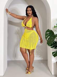 Slaydiva 大码女式霓虹色沙滩裙，钩针编织性感罩衫，适合度假 - 黃色 - 查看 7