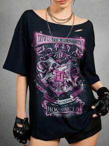 HARRY POTTER X SHEIN Women's Black Asymmetrical Shoulder Casual Retro Punk Dark Mottled Letter & College Badge Pattern Short Sleeve Loose T-Shirt, Comfortable In Summer