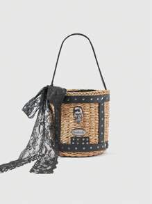 ROMWE Goth Moda feminina contraste cor caveira decoração bolsa de ombro tecida
