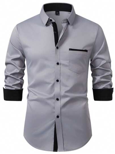 Manfinity Mode Men's Solid Color Simple Casual Shirt, Suitable For Summer Casual Dress Designer Shirt, For Fall, Long Sleeve Top