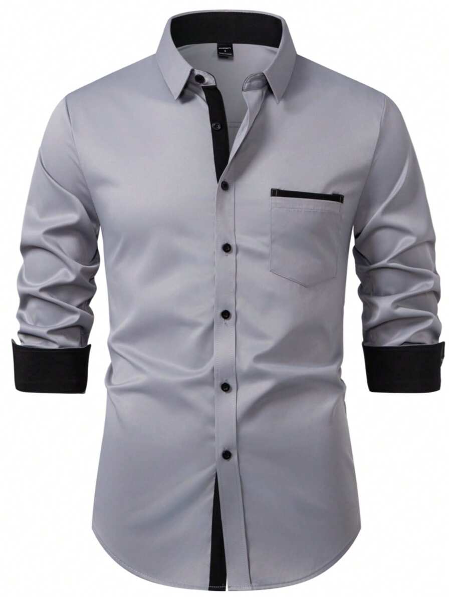 Manfinity Mode Men's Solid Color Simple Casual Shirt, Suitable For Summer Casual Dress Designer Shirt, For Fall, Long Sleeve Top