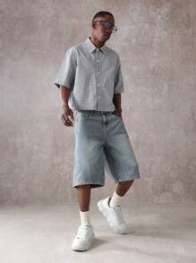 SUMWON 设计师宽松牛仔短裤复古涂鸦印花后口袋夏季街头风破洞阔腿及膝休闲都市复古 Y2K 时尚牛仔短裤 - 藍色 - 查看 3