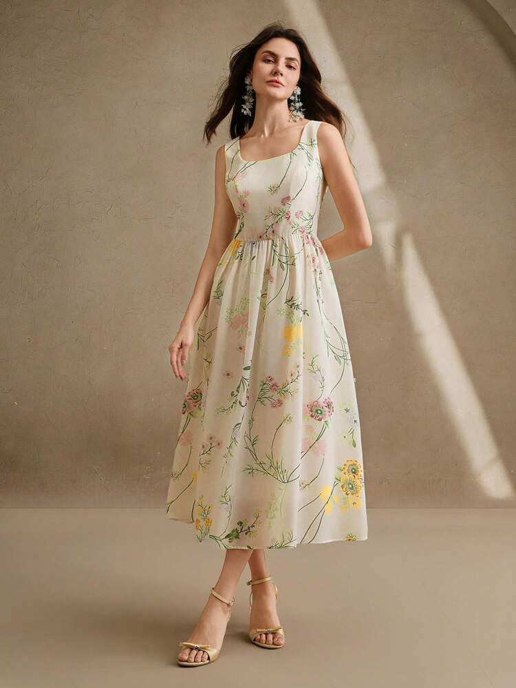 Women's Sleeveless Cinched Waist Floral Mesh Dress, Perfect For Beach, Vacation, Summer Outfits