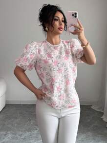 Franclia Floral Patched Pearl Collar Mature Charm Fashionable Shirt For Women, Summer - Multicolor - View 4