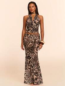 SHEIN BAE Women's Leopard Print Halter Neck Ruffled Top And Skirt Set/Country Concert Outfit - Brown - View 4