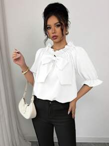 Elenzga 荷叶边蝴蝶结女式衬衫，新品上市 - 白色 - 查看 6