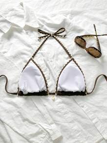 Swim Mod Women's Summer Solid Color Jacquard Fabric Scalloped Tie Strap Bikini Top