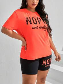 SHEIN EZwear 大码夏季休闲字母印花短袖T恤和短裤两件套 - 亮橙色 - 查看 3