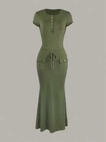 INAWLY Women's Long Slim Fit Drawstring Pocket Decor Short Sleeve Dress - Green - View 5