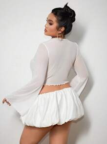 SHEIN ICON Icon Plus Size 纯色系带前开襟生菜边网眼 Y2k 上衣，白色，度假风 - 白色 - 查看 2