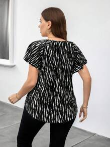 Chikora Plus Size Casual Commuter All-Over Print Raglan Sleeve Shirt - Black - View 2