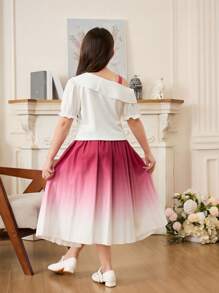 SHEIN 2pcs Girls Elegant Gradient Pleated Skirt & Bowknot Shoulder Top Sweet Outfit Set - Multicolor - View 3