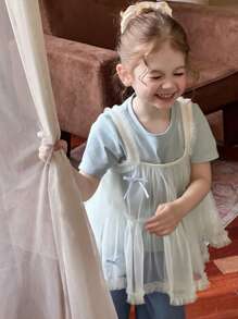 Hapijoa 2pcs/Set Girls(Small) Solid Color Undershirt With Mesh Overlay, Casual Summer Outfit