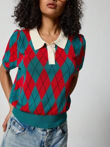 SHEIN EZwear Button Half Placket Argyle Knit Top