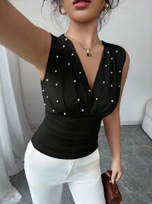 Elenzga 杏色珍珠优雅浪漫女士吊带背心 - 黑色 - 查看 5