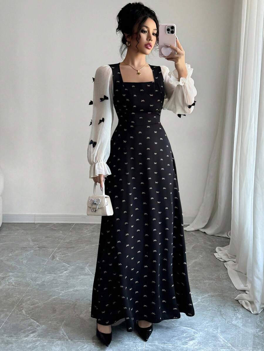 Modelyn Women's Woven Patchwork Bow Detail Long Sleeve Fitted Extra Long Dress