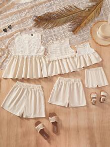 2 pièces Tenue pour Jeune Fille : Top sans manches avec bordure en dentelle abricot minimaliste et shorts amples, ensemble confortable - Nude - Voir 1