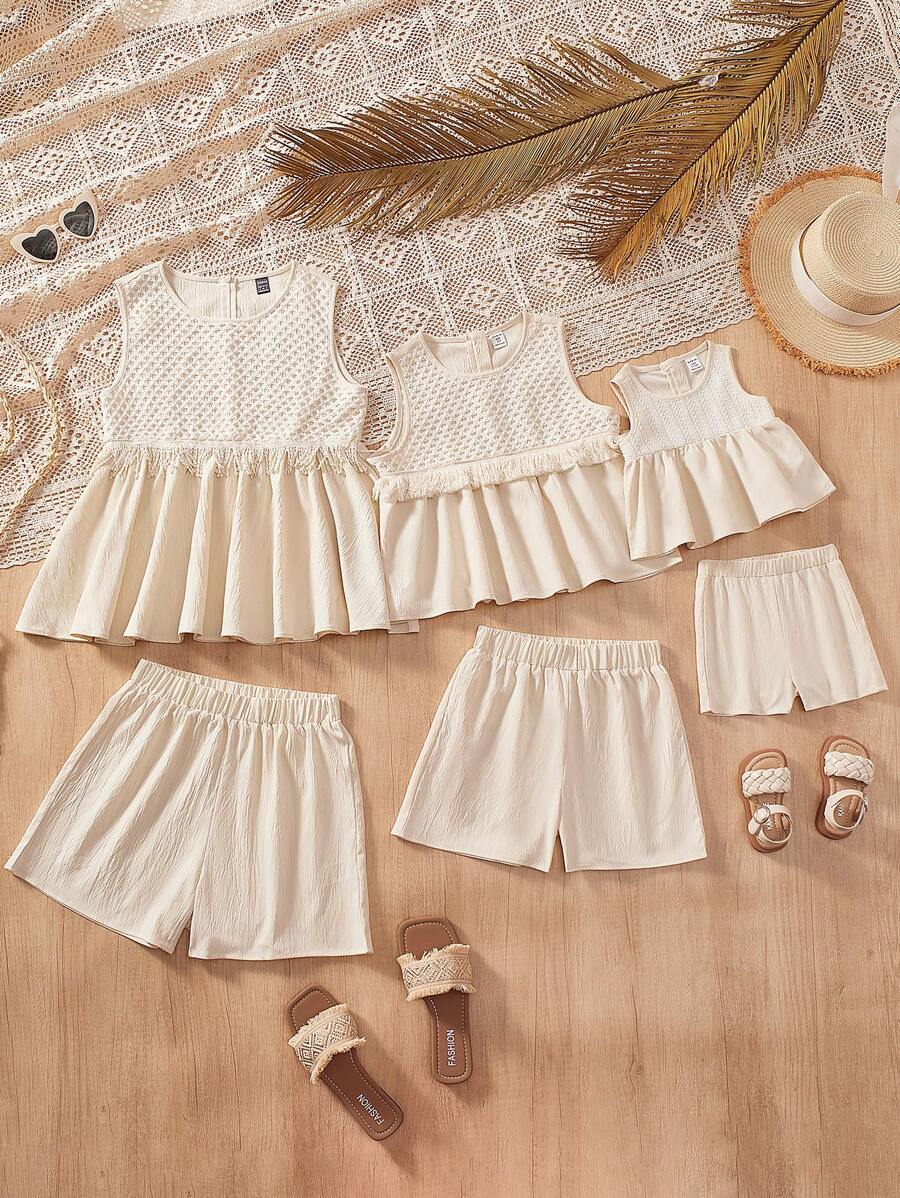 2 pièces Tenue pour Jeune Fille : Top sans manches avec bordure en dentelle abricot minimaliste et shorts amples, ensemble confortable - Nude - Voir 1