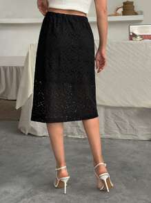 EURMUSE Woman Solid Color Lace Elastic Waist Inside Lining Skirt Midi Knee Length Spring Summer Going Lady Bottom - Black - View 2