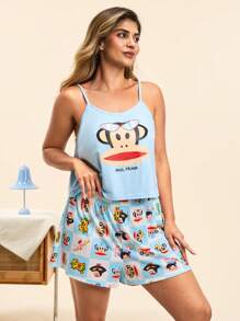 Paul Frank X SHEIN Conjunto de pijama de talla grande para mujer con top de tirantes con estampado de dibujos animados y shorts con estampado de cuadros, ropa de estar en casa de verano