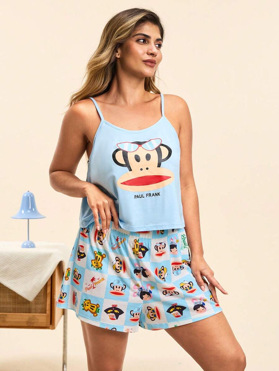 Paul Frank X SHEIN Conjunto de pijama de talla grande para mujer con top de tirantes con estampado de dibujos animados y shorts con estampado de cuadros, ropa de estar en casa de verano