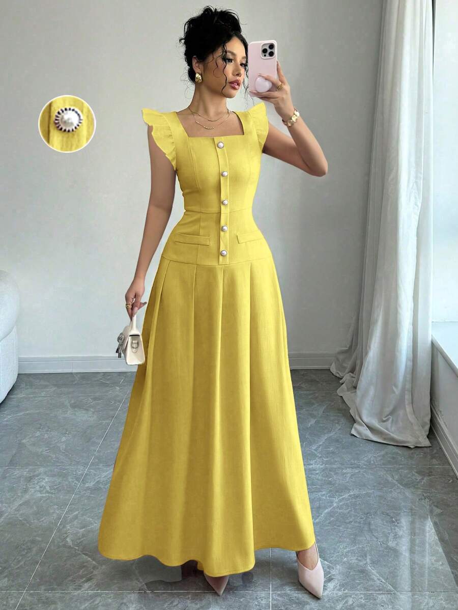 Elenzga Váy Maxi Du Lịch Bohemian Thanh Lịch Cho Nữ, Cổ Chữ V Có Tay Phồng, Thắt Eo, Xếp Ly Dáng Chữ A, Chi Tiết Túi Khóa Kéo, Cài Nút Ngọc Trai, Thích Hợp Cho Mùa Xuân/Hè - Màu vàng - Xem 1