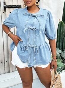 SHEIN Lady Plus Size Denim Short Sleeve Shirt, Fashionable For Summer - Light Wash - View 5