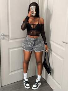 BamGleam Women's Solid Color Off-Shoulder Long Sleeve Fitted Sexy Hollow Out Mesh Top Fall Cloth For Women