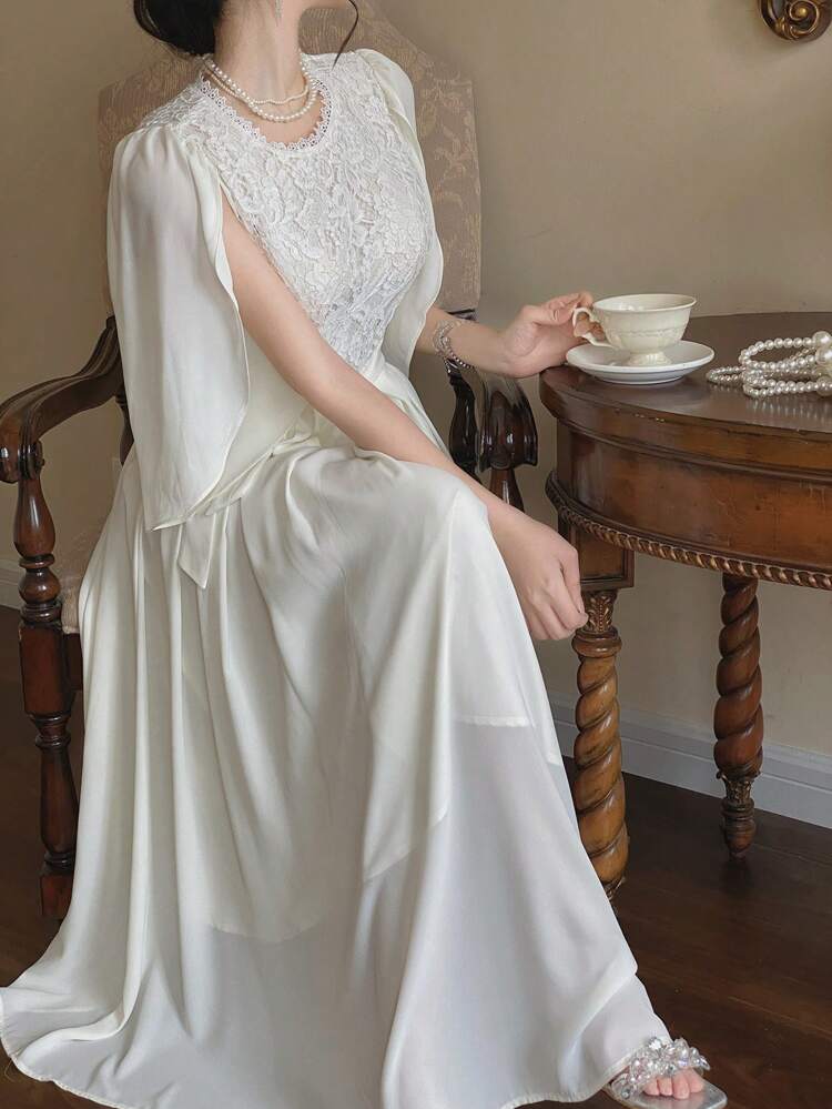 Women's Solid Color Lace Patchwork Belted Elegant Dress Maxi Dress