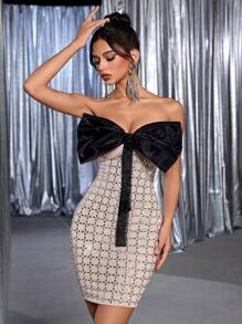 Glamrae Elegant Apricot Handmade Pattern Hot Diamond Tube Top With Black Bow Decoration, Short Style For Formal Occasion,Dinner,Cocktail & Tea Dress - Apricot - View 4