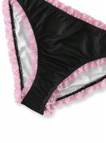 2 件套蝴蝶结印花蕾丝花边甜美可爱少女文胸和内裤套装 - 黑色 - 查看 3