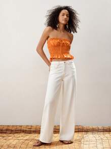 Maija 女式橙色褶饰抽绳弹性前抹胸，性感休闲度假短款衬衫，时尚简约设计 - 橘色 - 查看 3