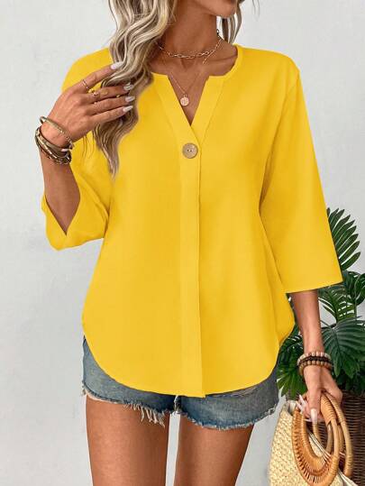 SHEIN LUNE Bluză pentru femei, simplă, de culoare solidă, cu guler crestat, pentru navetă