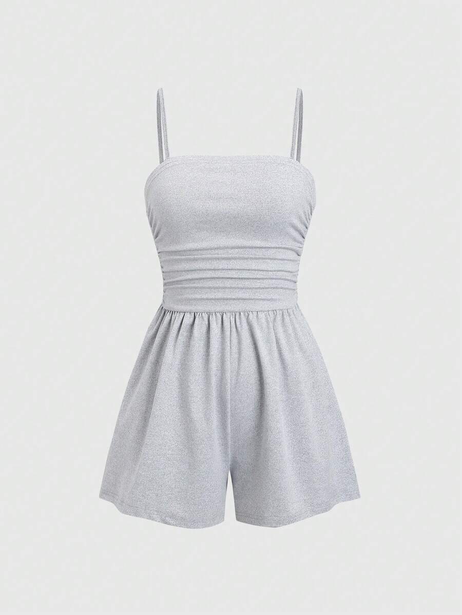 SHEIN Unity 女式黑色春夏休闲修身无袖褶皱短款连体裤 - 淺灰色 - 查看 1