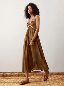 Maija Women's Elegant Brown Halter Neck Woven Maxi Dress With Crochet Trim Detail, Sleeveless And Flared For Party Occasions - Brown - View 4