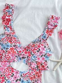 SHEIN Swim 1pc Ditsy Floral Ruffled Hollow Out One-Piece Swimsuit For Summer Beach Vacation - Multicolor - View 4
