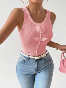 Chiquease Women's Solid Color 3D Floral Decor Round Neck Fitted Tank Top - Pink - View 4